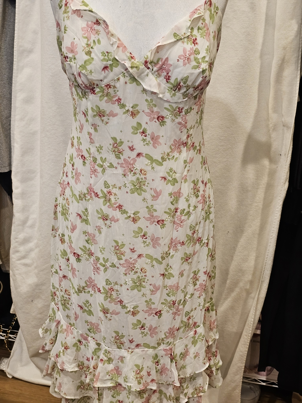 Nicole Miller White Floral Midi Slip Dress with Pink & Green Print